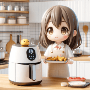 スマートクッキングデバイスを使って料理をする萌えキャラ風3Dキャラクター