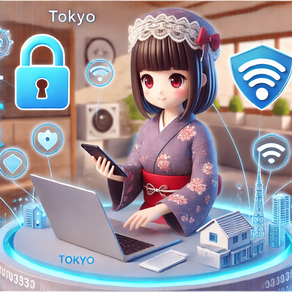 東京の主婦がラップトップとスマートフォンを使う3D萌えキャラ画像