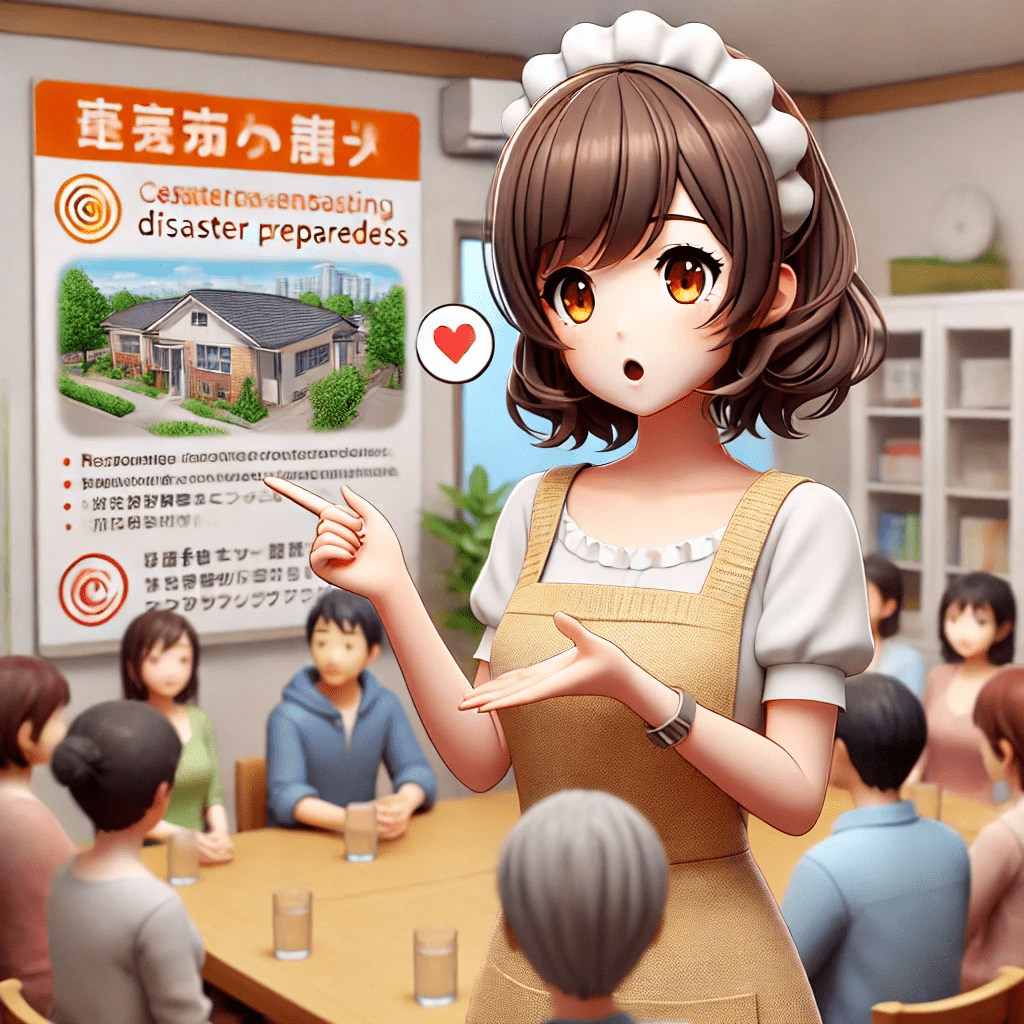 東京の主婦が地域の防災会議に参加する3D萌えキャラ画像