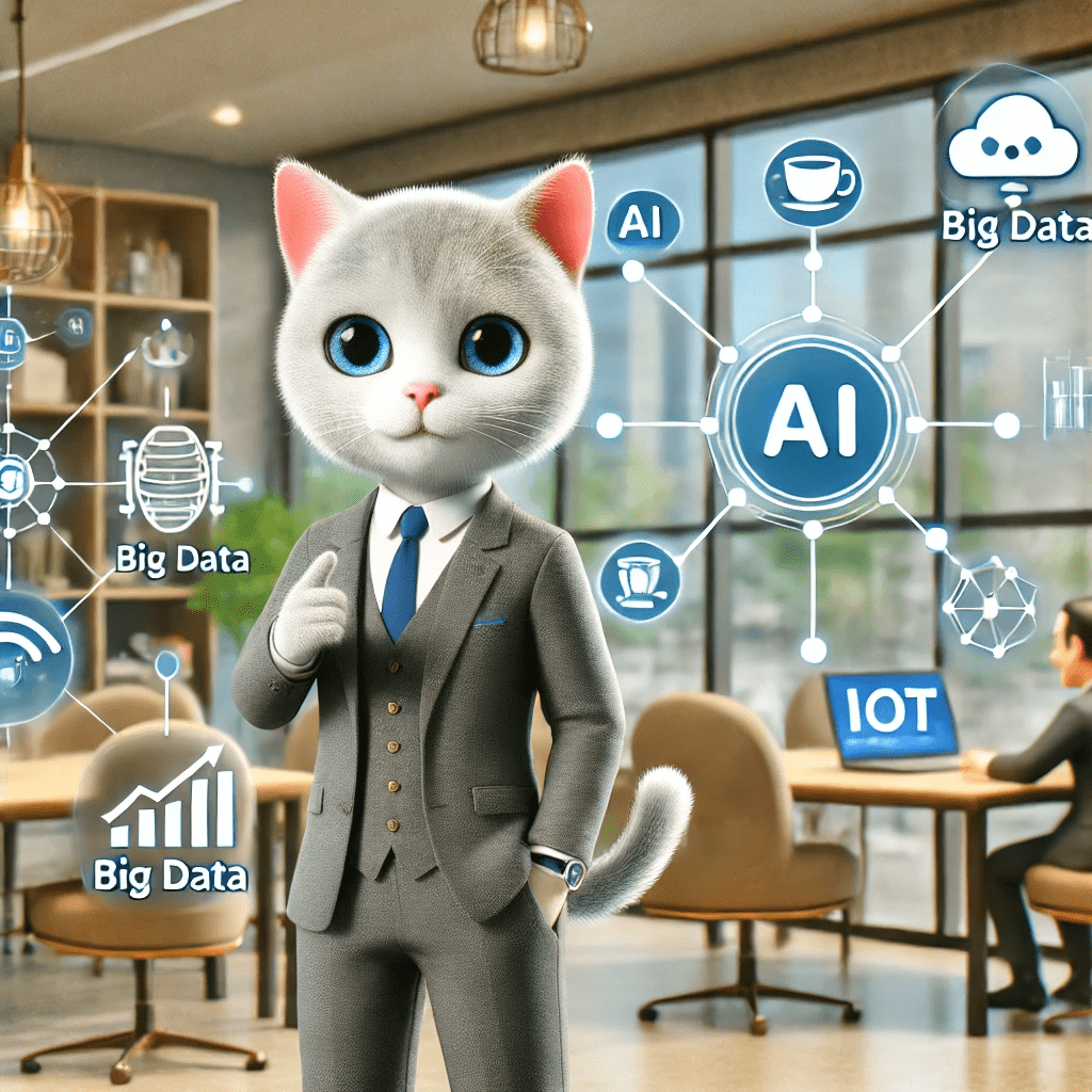 3Dの擬人化されたビジネスキャットがAIやビッグデータ、IoTを背景に新技術の導入を提案している画像