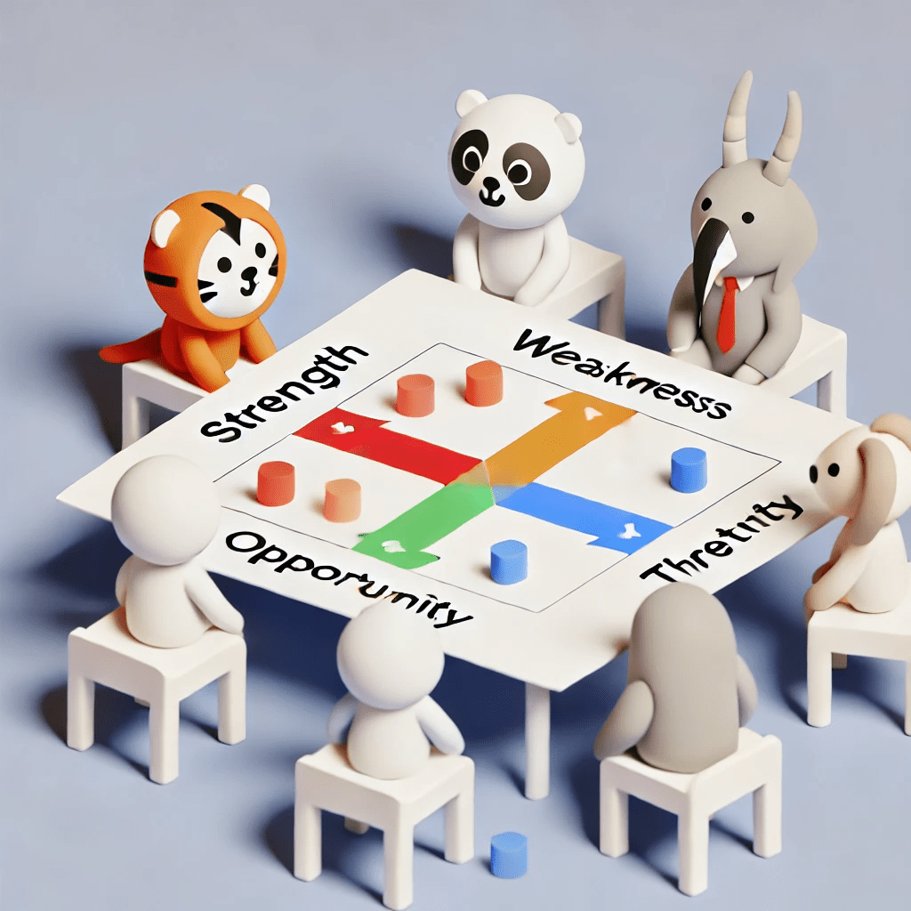 SWOT分析ゲームをするかわいい動物たちの3Dイラスト 🐻🎲