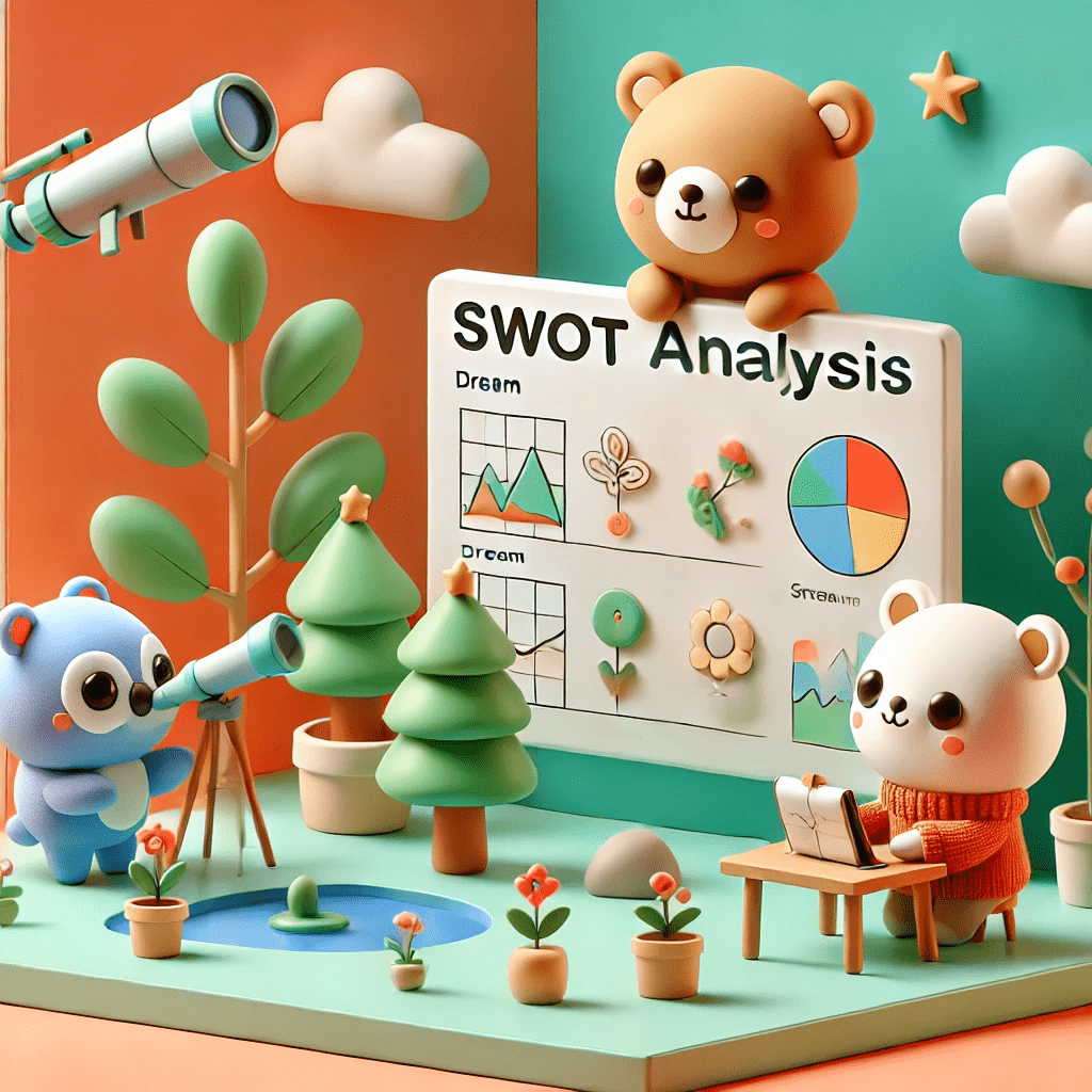 未来の夢を叶えるためにSWOT分析を使って計画を立てるかわいい動物たちの3Dイラスト 🌟🐻