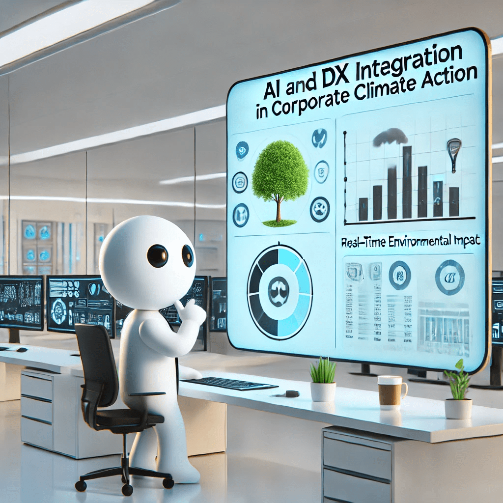 企業の気候変動対策でAIとDXを活用する未来的なオフィスのカートゥーンキャラクター 📊🌍