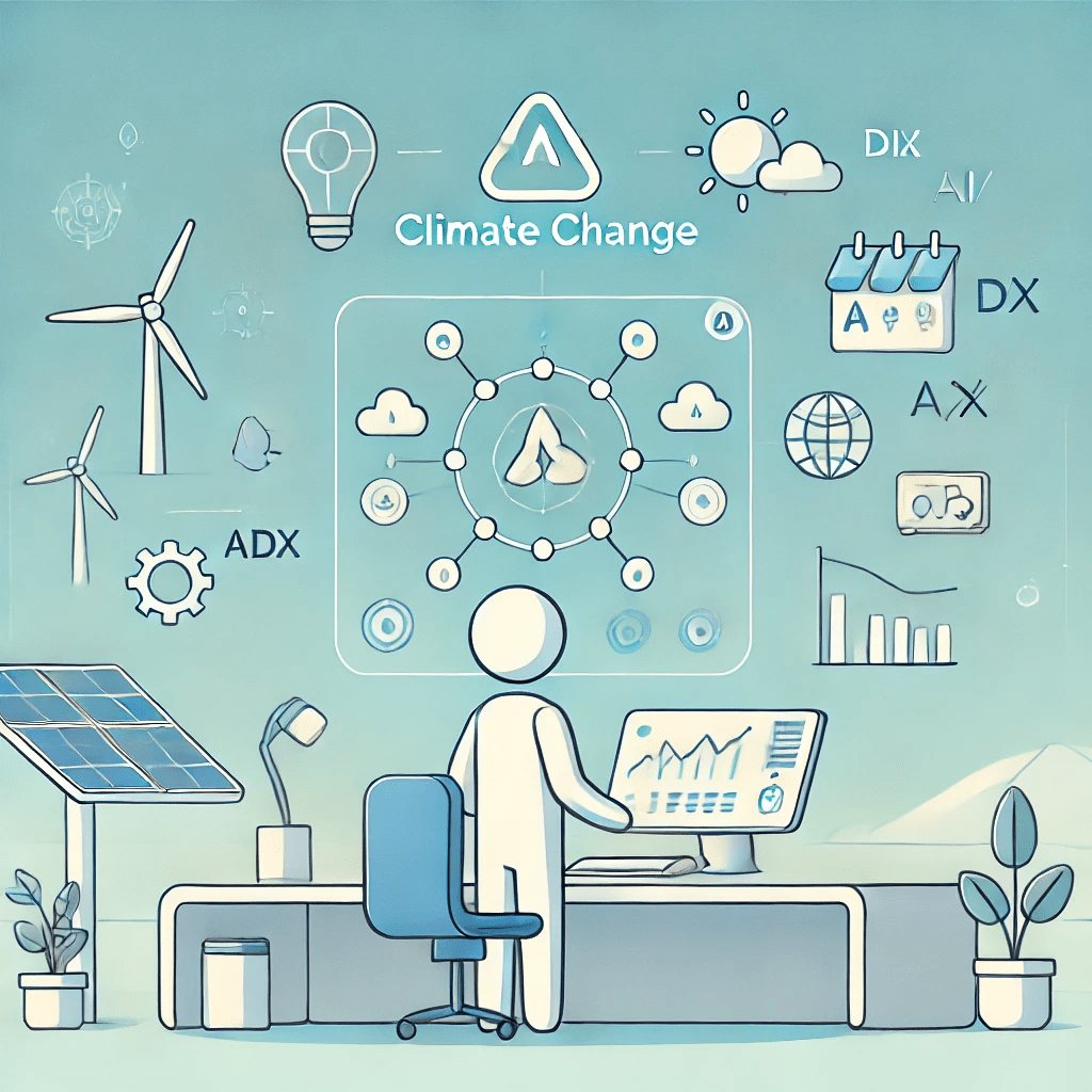 未来的なオフィスで気候変動データをAIとDXで解析するカートゥーンキャラクター 🌍📊