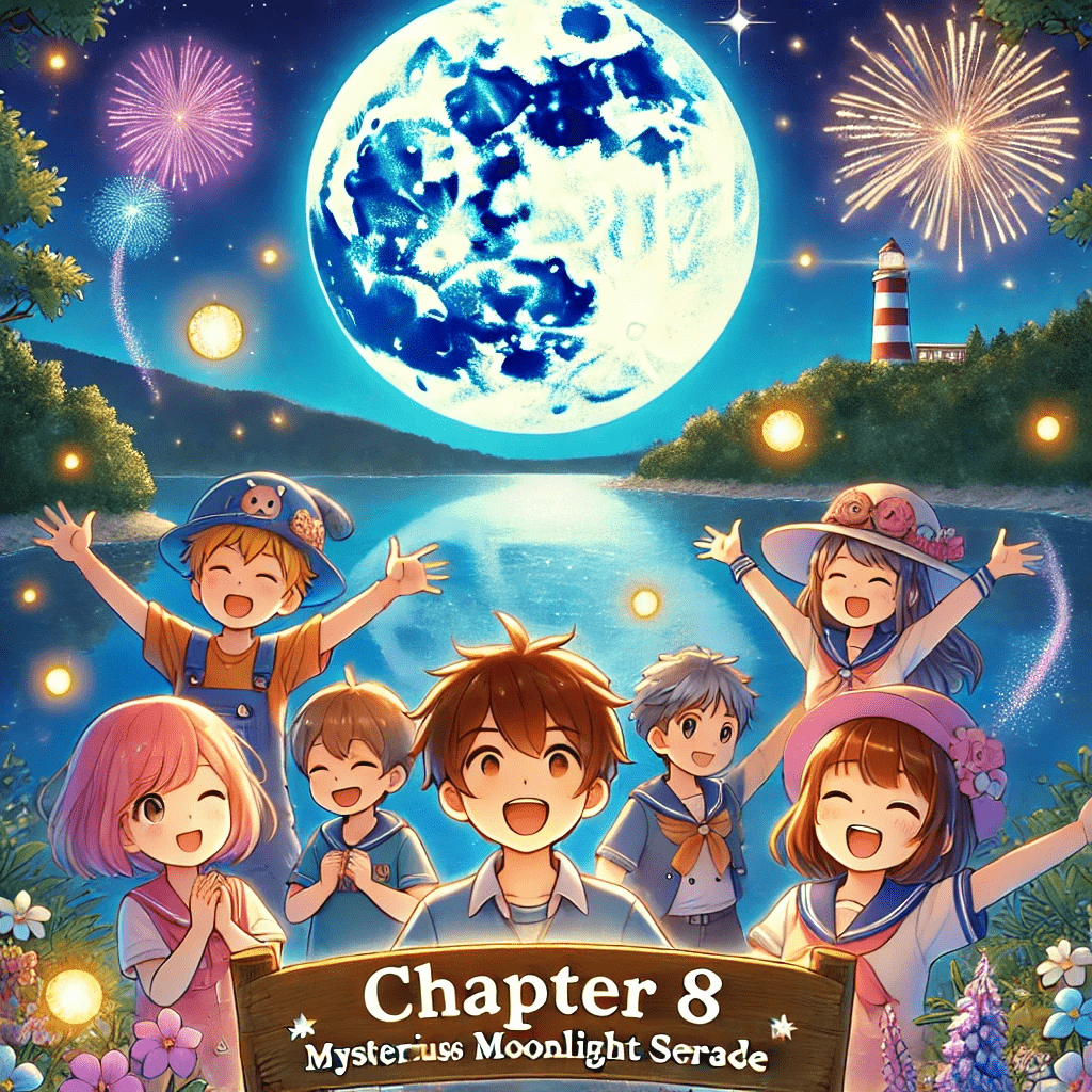 アニメスタイルのイラスト。子どもたちがプロジェクトの成功を祝っているシーン。満月の夜、花火と輝く湖が背景に広がる。