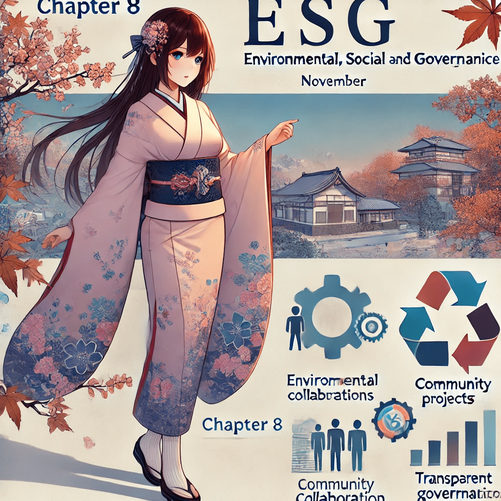 ESG（環境・社会・ガバナンス）投資とサステナビリティをテーマにしたアニメスタイルの画像。和風モダンな着物姿の女性が、環境と企業の持続的成長を象徴しています。