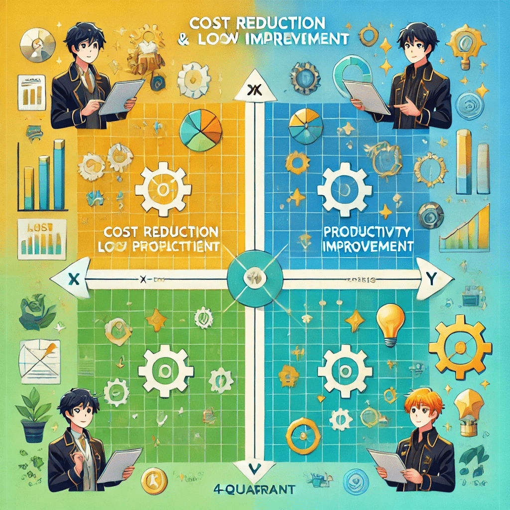 コスト削減と生産性向上のための4象限マトリックス図。X軸は「コスト削減効果」、Y軸は「生産性向上効果」を示し、各象限に異なるレベルの戦略的効果が表示されています。地方企業が目指すべき成果の視覚化。