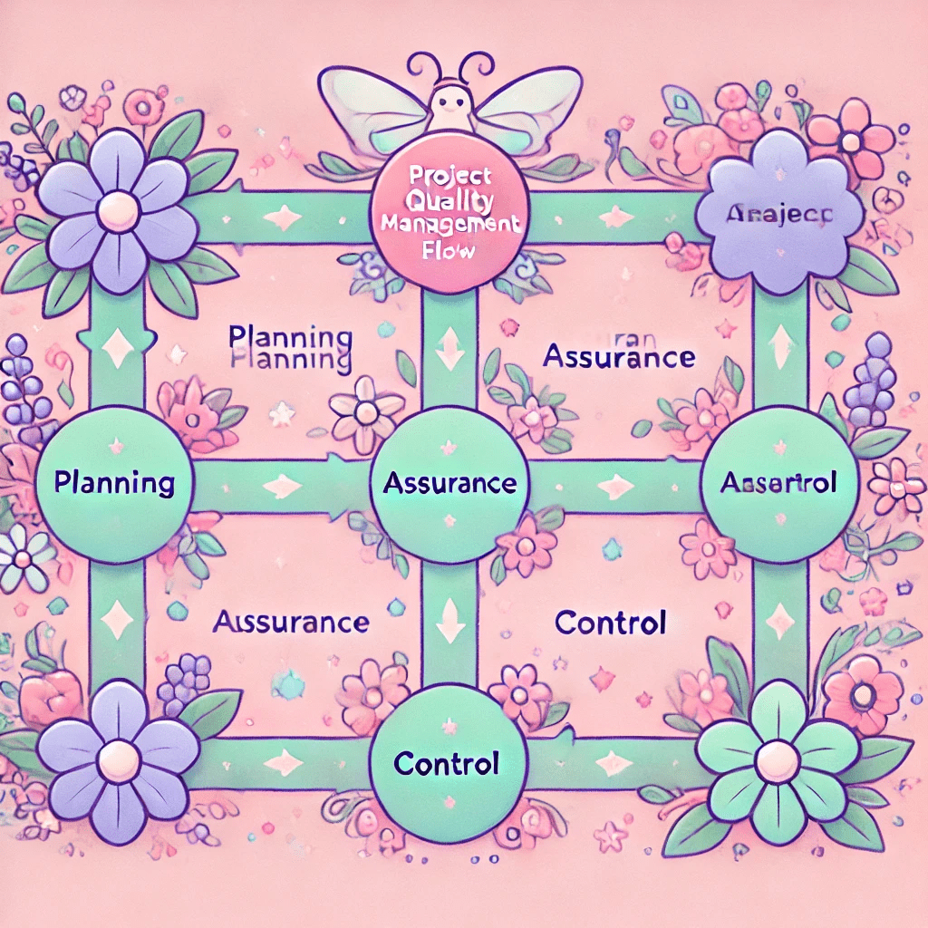 プロジェクト品質管理の各フェーズを示した全体フロー図。計画、保証、コントロールが矢印で繋がれており、ガーデンフェアリーのシンボルがそれぞれのフェーズを象徴。
