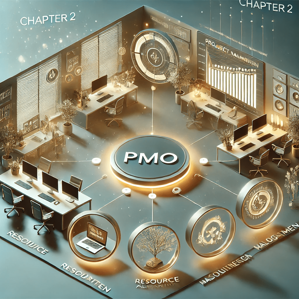 PMOの基本機能を示すタイムラインとリソース管理ツールが組み合わされた3Dイラスト。