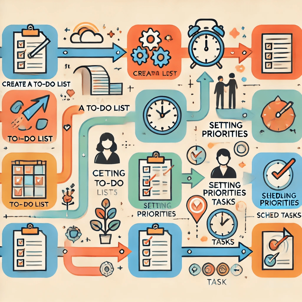 タイムマネジメントのプロセスを示すフローチャート。やることリストの作成、優先順位の設定、スケジューリングなど、時間管理の各ステップが色鮮やかなアイコンと矢印で示されている。