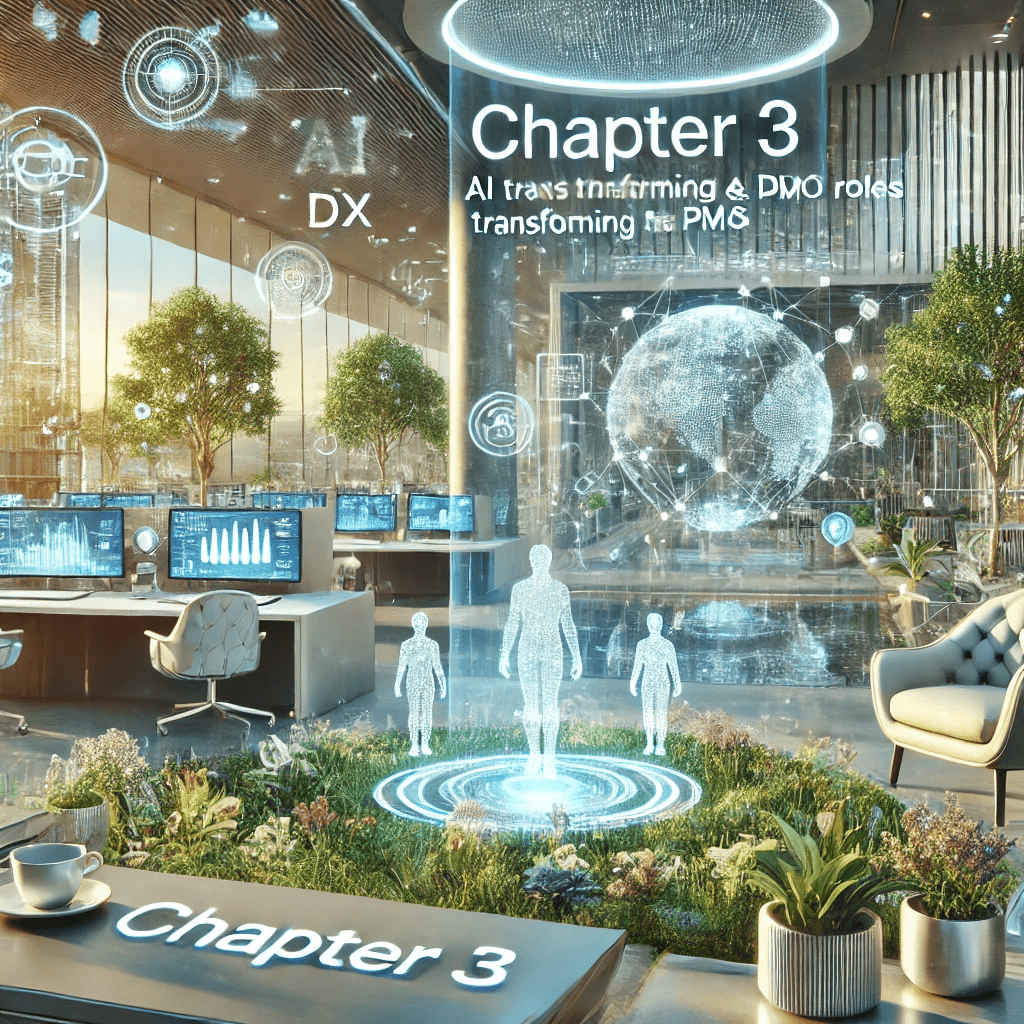 AIとDXがPMOを変革する様子を表現した3D画像。ホログラフィックAIアシスタント、動的データチャート、未来的なオフィス環境。