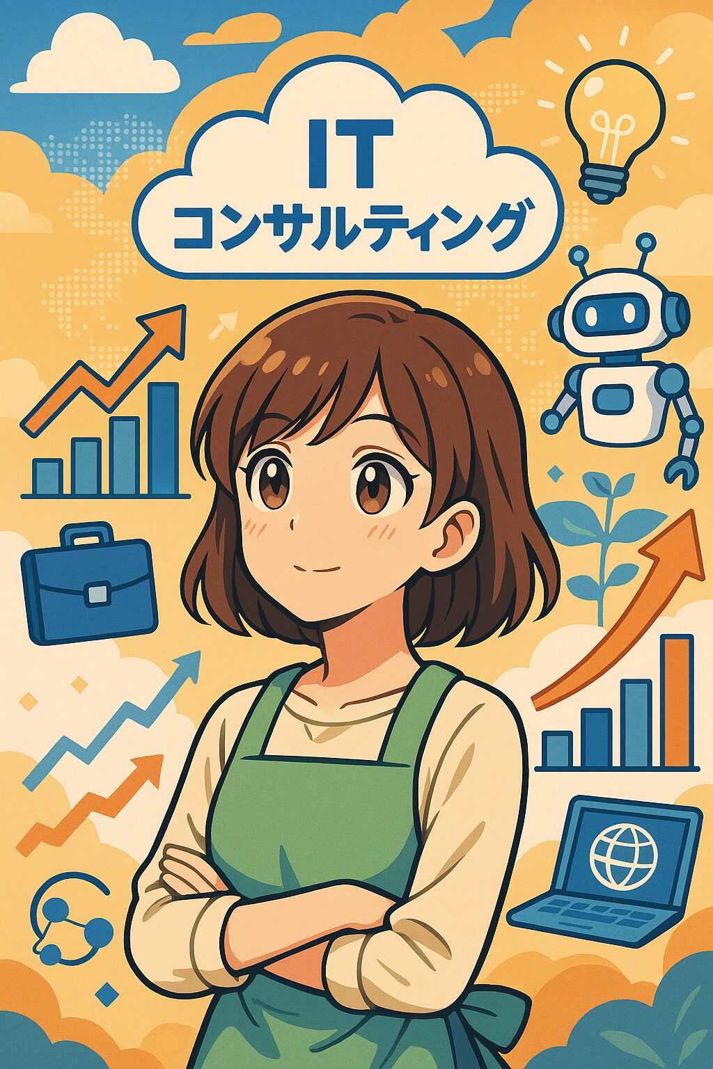 アニメ風イラスト、エプロン姿の主婦がITコンサルティング市場の未来をイメージし、グラフやクラウド、AIロボットに囲まれて微笑んでいる様子。