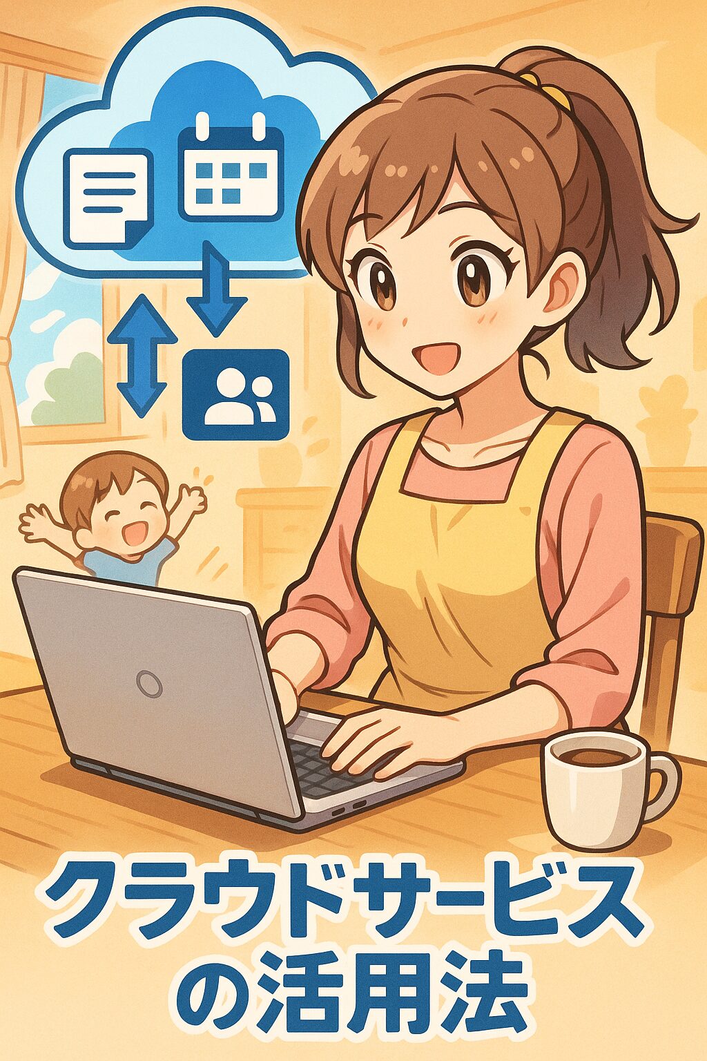 子育て中の主婦がクラウドサービスを使って在宅ワークをするアニメ風イラスト。パソコン操作と子供のいる生活シーンを表現。