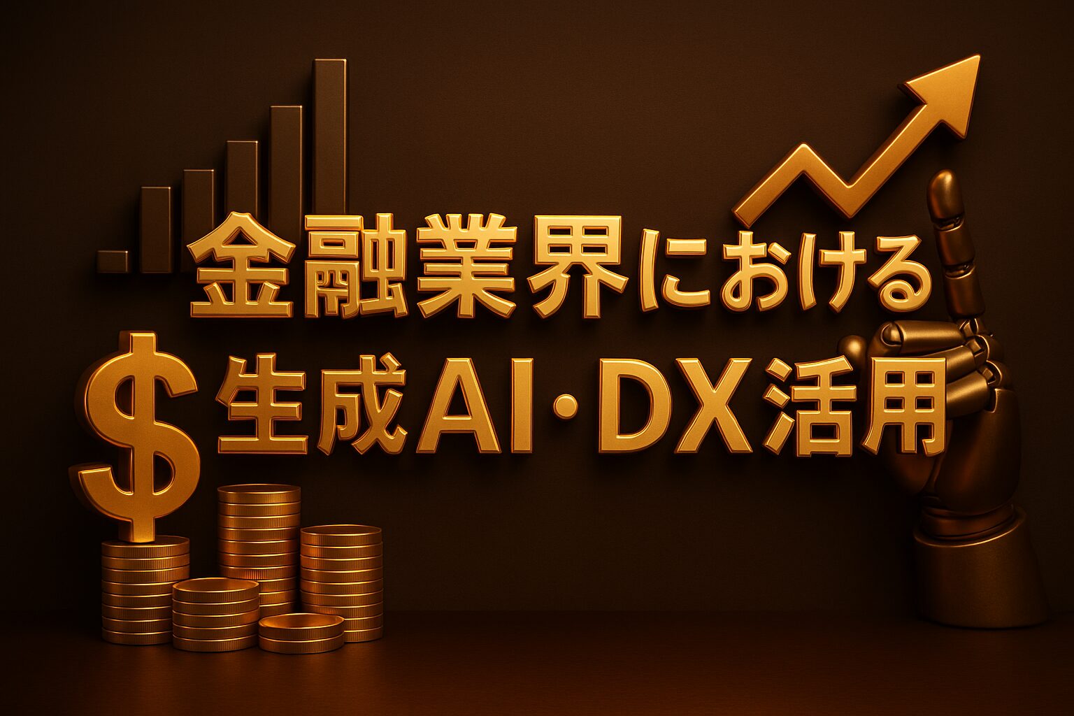 「生成AI×金融DX」の文字が立体的に金色で描かれた、信頼感と革新性を象徴する高級感あふれる3Dイラスト