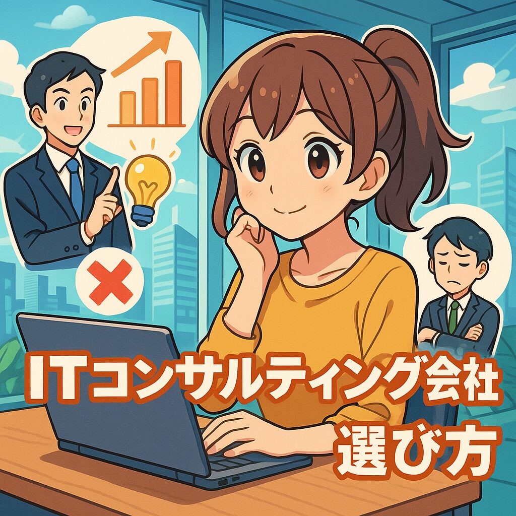 パソコンで学習する主婦がITコンサルティング会社を選ぶ様子を描いたスタイライズドなアニメ風イラスト