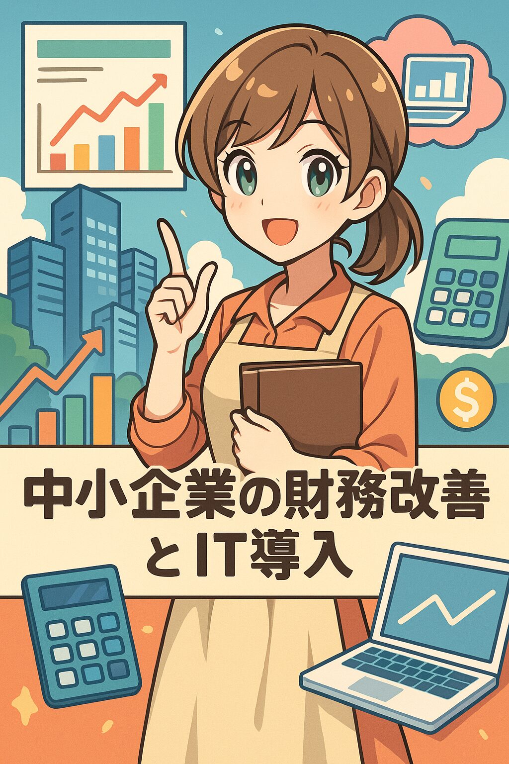 アニメ風の主婦キャラクターが、中小企業のIT化・財務改善を象徴するグラフやクラウドシンボルの前に立って説明しているイラスト。