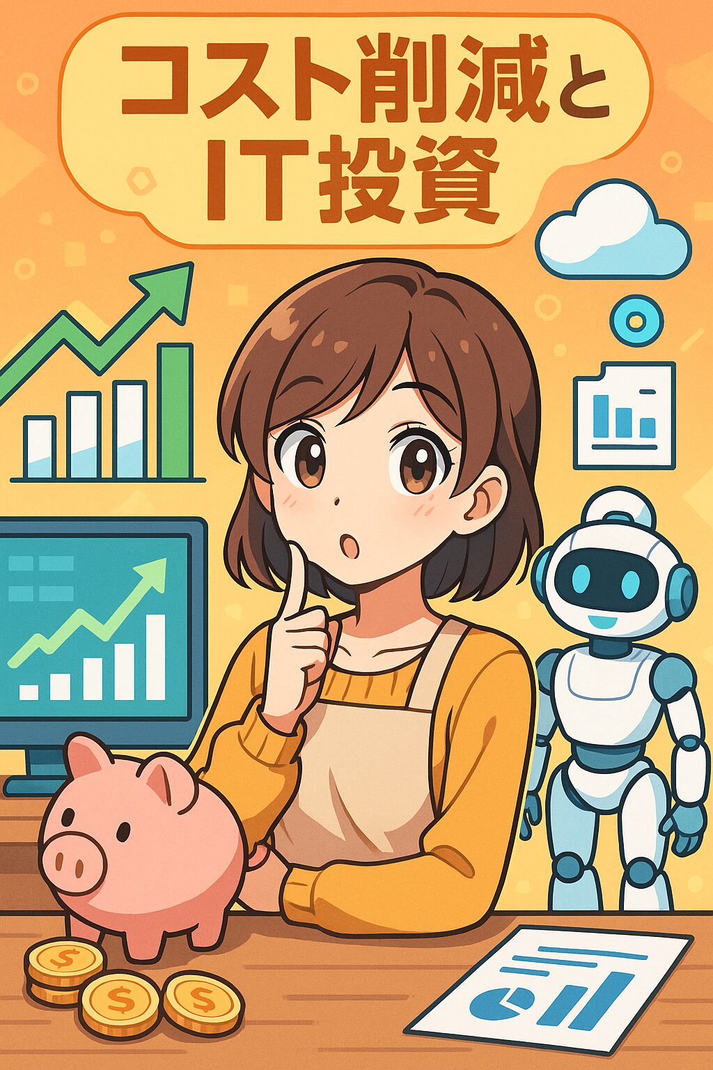 アニメスタイルの主婦キャラクターがコスト削減とIT投資の概念を学ぶ様子を描いたイラスト。 あなた: "本日の日報の内容(コスト削減とIT投資)「パーマリンク、タグ5つ、キーワード5つ、ページのタイトルタグ、ページのメタディスクリプション」を日本語で提案してください。 ※内容に沿ったパーマリンクにし、英語にしてください。 ※タグは、「#」をつけずに、「,」で区切ってください。 ※キーワードは、「,」で区切ってください。 ※「日報」という言葉と「日付」は使用しないでください。 ※SEOを考慮したものを作成してください。 ※複合キーワードを3つと単独キーワード2つにしてください。 ※複合キーワードは、半角スペースで区切ってください。 ※キーワードは、「,」の後に半角スペースなど入れないでください。 ※ページのタイトルタグ、ページのメタディスクリプションに、キーワード3つを含めてください。 ※Canvasでの提示はやめてください。" ChatGPT: 以下にご指定のSEO要件に基づいて、「コスト削減とIT投資」の内容に適した提案をいたします。 ■ パーマリンク（英語・内容に沿ったURL形式） cost-reduction-it-investment-for-beginners ■ タグ（日本語・カンマ区切り） IT投資,コスト削減,業務効率化,主婦の学び,初心者向け ■ キーワード（複合キーワード3つ＋単独キーワード2つ） IT 投資 初心者,コスト 削減 方法,業務 自動化 ツール,IT投資,経営戦略 ■ ページのタイトルタグ（title） 【IT投資 初心者】業務 自動化 ツールでコスト 削減 方法を学ぶ｜主婦目線でわかる経営戦略の基礎 ■ ページのメタディスクリプション（meta description） IT 投資 初心者がコスト 削減 方法と業務 自動化 ツールについて学んだ実践的な内容を、主婦の視点でやさしく解説。これからの経営戦略に役立つ情報をわかりやすく紹介します。 ご希望があれば、SNSシェア用テキスト（Twitter/X、Facebook等）も対応可能です。