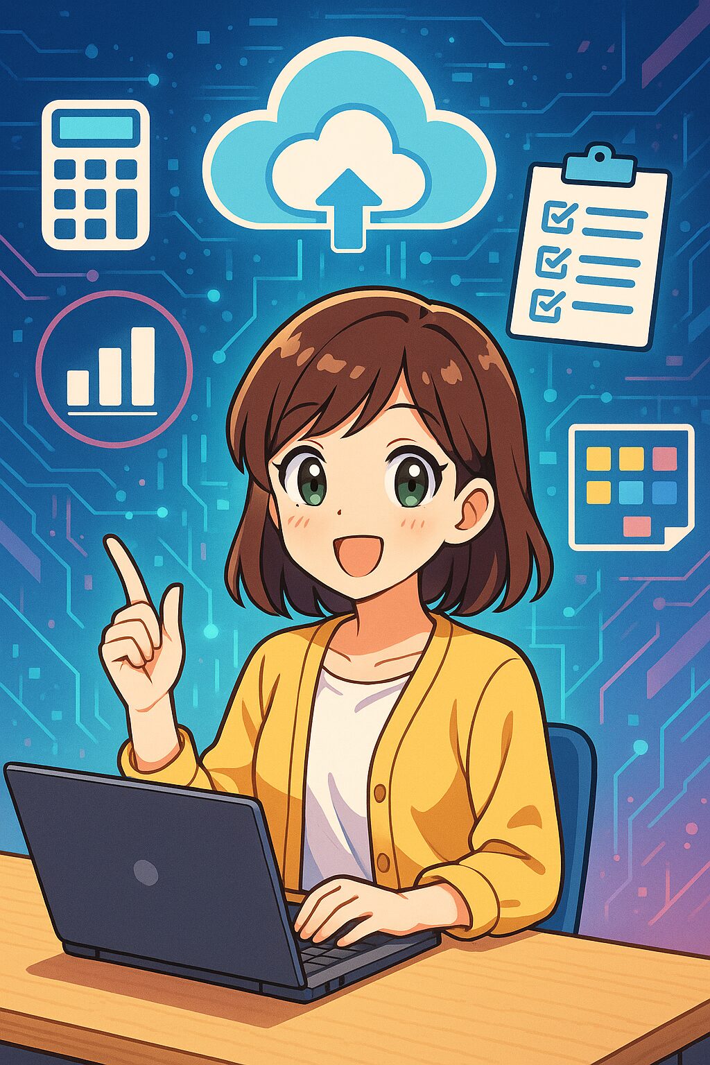 アニメ風の女性キャラクターがノートパソコンでクラウドツールを操作する様子。小規模事業者向けIT導入の象徴的シーン。