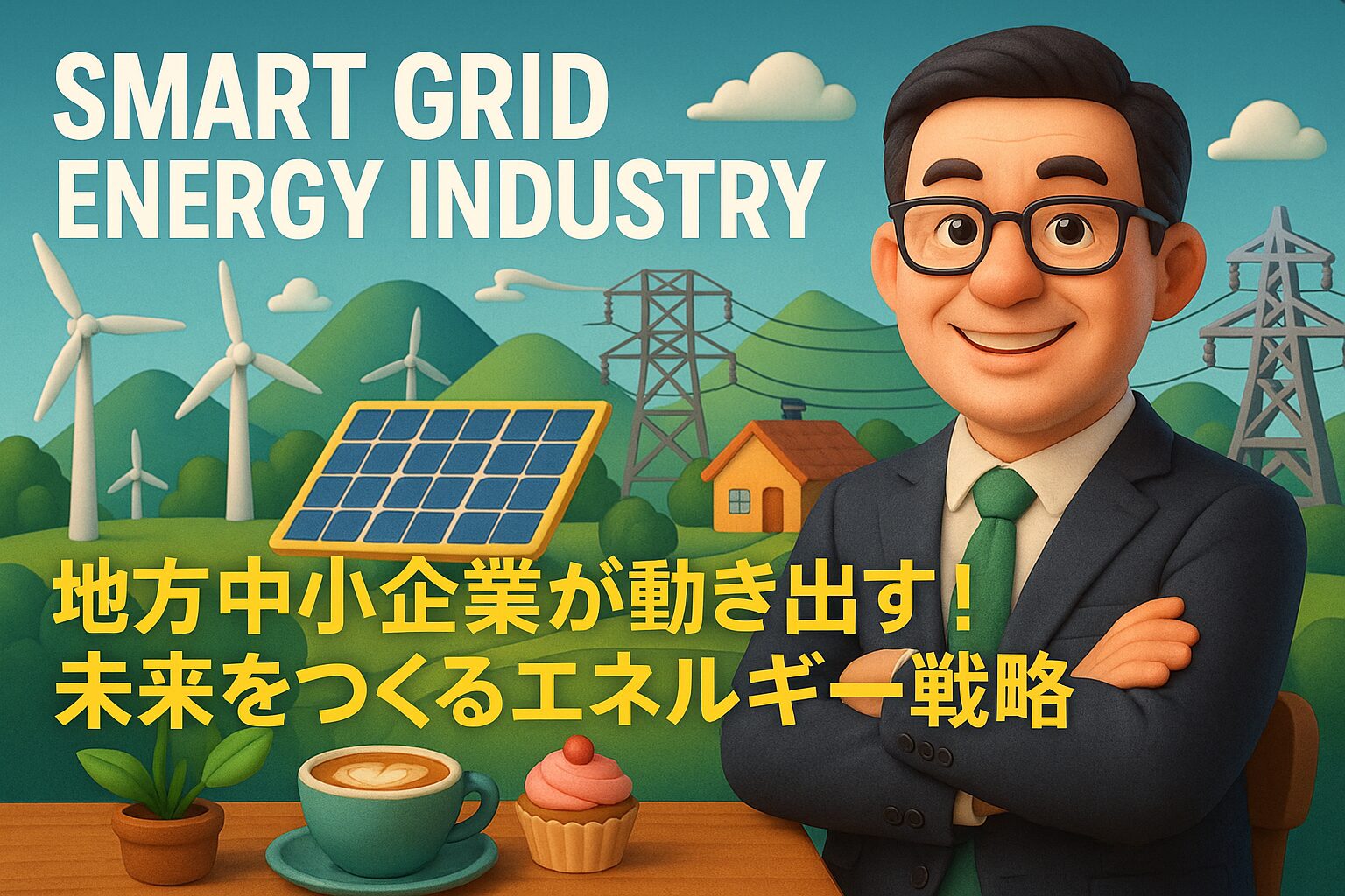 地方中小企業の社長がスマートグリッド技術と再生可能エネルギーを背景に笑顔で立っている3Dイラスト。風力発電や太陽光、送電線が描かれたPC用横長バナー。