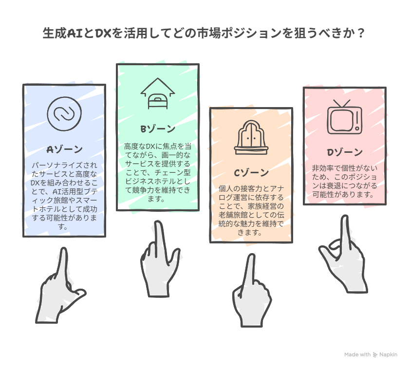 サービスのパーソナライズ度とデジタル活用度の2軸で示されたポジションマップ。右上に「AI×おもてなし型スマート旅館」、左上に「効率重視のチェーンホテル」、右下に「伝統的個人旅館」、左下に「アナログ旧型ホテル」が配置されている。