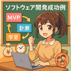 スタイライズド・アニメ風イラストで描かれた主婦キャラクターがノートPCを操作しながら、黒板に「MVP」「計測」「学習」のソフトウェア開発成功サイクルを説明している様子。生成AIによる未来的デザインで、明るくかわいらしい雰囲気。