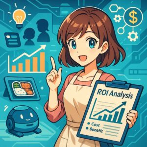 アニメ風の主婦キャラクターが「ROI Analysis」と書かれたクリップボードを持ち、テクノロジー導入による投資対効果を解説している未来的イラスト。