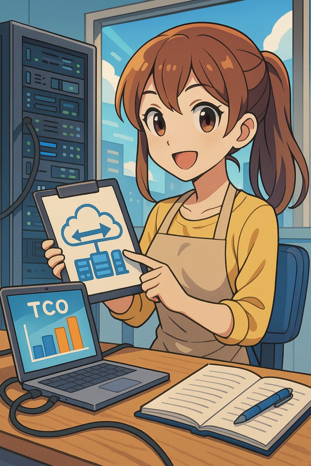 アニメ風イラストの主婦キャラクターがクラウド図を説明し、TCO削減やITインフラ更新を学んでいるシーン。クラウド・DXをテーマにした未来的な学習イメージ。