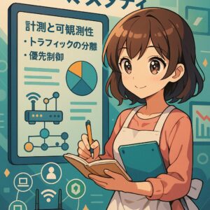 スタイライズド・アニメ風の主婦キャラクターがタブレットとノートを持ち、ネットワーク改善のデータやWi-Fiシンボルを背景に学んでいる姿を描いた未来的でかわいいイラスト