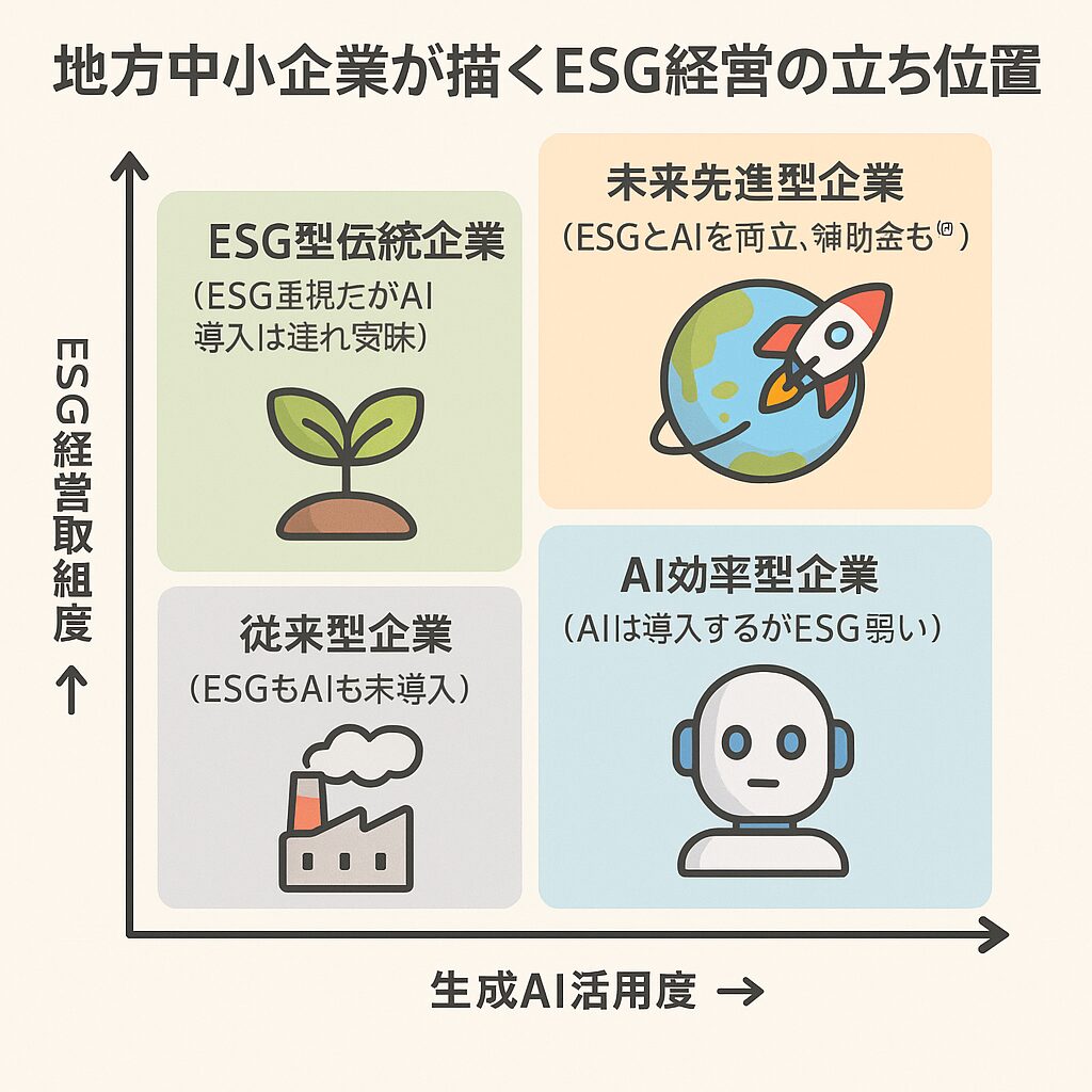ESG経営の取組度と生成AI活用度を軸にした地方中小企業のポジションマップ。従来型企業、ESG型伝統企業、AI効率型企業、未来先進型企業の4象限に分けて解説。