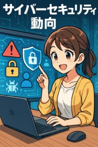 アニメ風の主婦キャラクターがパソコンの前でAIによるサイバーセキュリティを学んでいる。背景には未来的なネットワークや鍵、シールドのシンボルが浮かび、「サイバーセキュリティ動向」という日本語タイトルが中央に配置されている、明るく温かい雰囲気のイラスト。
