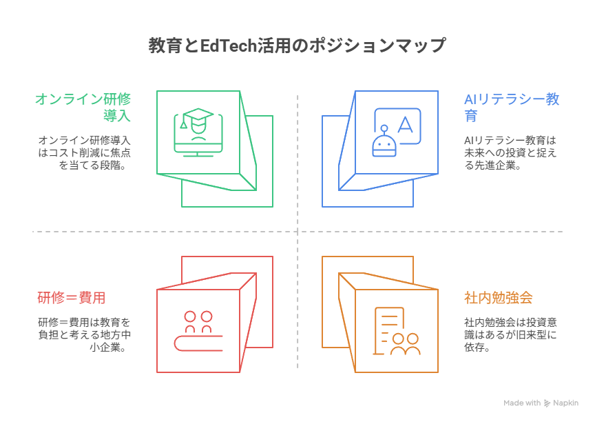 教育コストとテクノロジー導入度を軸にしたEdTech活用ポジションマップ。地方中小企業が教育をコストから投資へと転換する道筋を示す図。