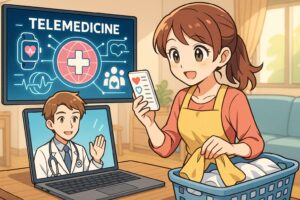 アニメ風イラストで、主婦が自宅でノートパソコンを使いオンライン診療（テレメディシン）を受ける様子。画面には医師が映り、背景には家族とデジタルヘルスデータが描かれ、AI医療と家庭の調和を象徴する。