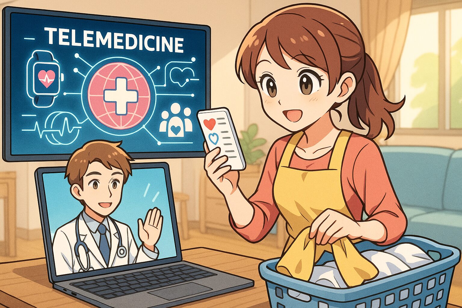 アニメ風イラストで、主婦が自宅でノートパソコンを使いオンライン診療（テレメディシン）を受ける様子。画面には医師が映り、背景には家族とデジタルヘルスデータが描かれ、AI医療と家庭の調和を象徴する。