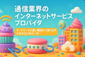 カラフルな3Dスイーツの街並みを背景に「通信業界のインターネットサービスプロバイダ」と大きく表示されたアイキャッチ画像。マカロン型のビルやカップケーキのサーバールーム、キャンディ風ルーターが並び、ネットワーク遅い・オンライン会議途切れる・在宅勤務VPN重いといった悩みをAIとISPの見直しで解決するイメージを表現している。