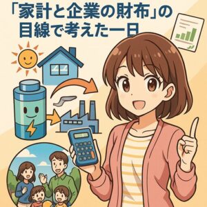 エネルギーストレージ技術と家計管理の関係を、主婦キャラクターが電気代の仕組みと蓄電の流れを説明するアニメスタイルで表現したイラスト。家庭、工場、蓄電池、太陽光などのシンボルが含まれる。