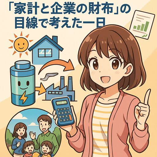 エネルギーストレージ技術と家計管理の関係を、主婦キャラクターが電気代の仕組みと蓄電の流れを説明するアニメスタイルで表現したイラスト。家庭、工場、蓄電池、太陽光などのシンボルが含まれる。