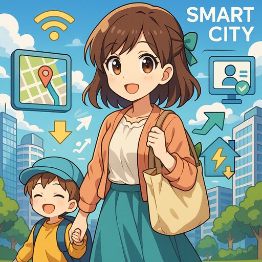 未来的なスマートシティを背景に、AI技術を活用して暮らす笑顔の主婦と子どものアニメ風イラスト。家族の幸福、デジタル生活、サステナブルな都市を象徴する明るいビジュアル。