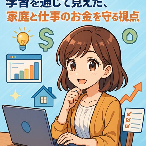ノートパソコンでプロジェクトマネジメントや家計管理を学ぶ主婦が、アニメ風タッチで描かれたスタイライズド・イラスト。グラフやチェックリスト、家やお金のアイコンが背景に描かれ、在宅ワークや副業、生成AI学習をイメージさせるデザイン。