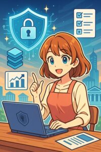 データプライバシーや規制の概念を学ぶ主婦が、未来的なアニメ風スタイルでノートPCを操作しながら説明しているイラスト。セキュリティシールドやチェックリスト、データ保護のアイコンが背景に配置されている。