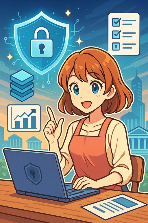 データプライバシーや規制の概念を学ぶ主婦が、未来的なアニメ風スタイルでノートPCを操作しながら説明しているイラスト。セキュリティシールドやチェックリスト、データ保護のアイコンが背景に配置されている。