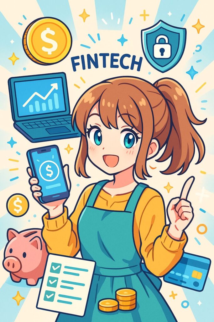 フィンテックの最新技術をテーマにしたアニメ風イラスト。未来的な都市の背景で、主婦がノートPCを使い家計を管理しながら、AIとデジタルマネーが流れる様子を描いた。明るく希望的な色彩で、家族とテクノロジーの調和を表現。