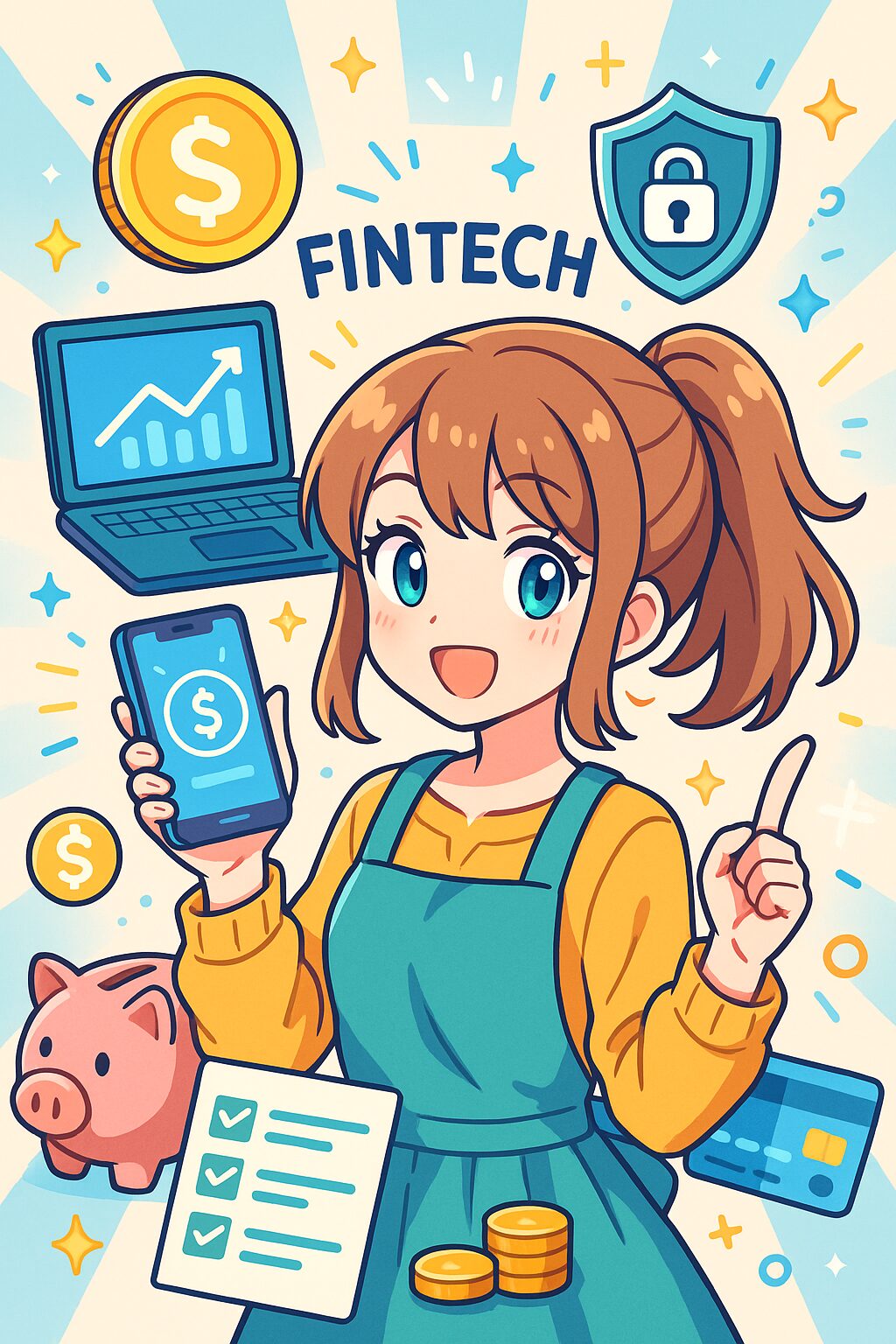 フィンテックの最新技術をテーマにしたアニメ風イラスト。未来的な都市の背景で、主婦がノートPCを使い家計を管理しながら、AIとデジタルマネーが流れる様子を描いた。明るく希望的な色彩で、家族とテクノロジーの調和を表現。
