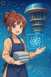 青いデジタル背景の中で、エプロン姿の主婦がホログラムの量子コンピューターを指し示すアニメ風イラスト。生成AIと未来技術の融合を明るく表現。