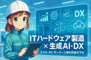 スマホ・PC・サーバーなどITハードウェアを製造する近未来工場を背景に、AIホログラムを操作する萌えキャラ風3Dアニメ調の女性エンジニア。画像内に「ITハードウェア製造 × 生成AI・DX」の文字。