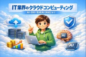 3Dカートゥーン風のIT担当者とクラウドのイメージ。画像内に「IT業界のクラウドコンピューティング」の文字。