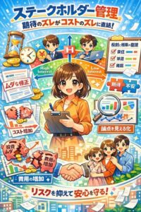 代替テキスト 働く主婦がクリップボードで関係者の期待と権限を整理し、ステークホルダー管理で手戻りとコストのズレを防ぐことを表したアニメ風イラスト