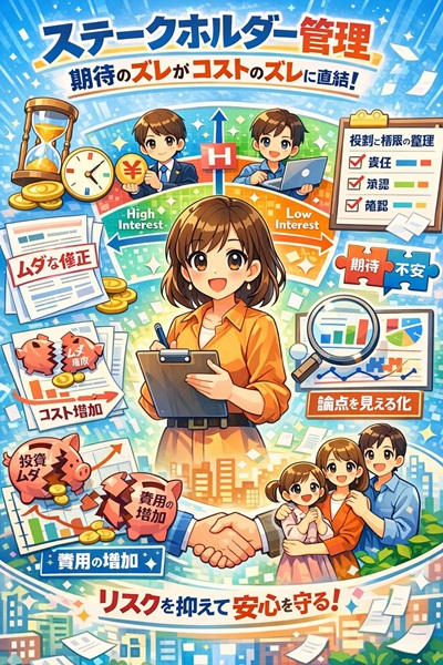 代替テキスト 働く主婦がクリップボードで関係者の期待と権限を整理し、ステークホルダー管理で手戻りとコストのズレを防ぐことを表したアニメ風イラスト