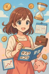 エプロン姿の主婦が「タスク管理のコツ」と書かれたノートにメモしているスタイライズド・アニメ風イラスト。カレンダーや砂時計、コイン、貯金箱など時間管理と家計管理を象徴するアイコンに囲まれ、主婦のタイムマネジメントやタスク管理、生成AI活用をイメージした主婦向けビジュアル。
