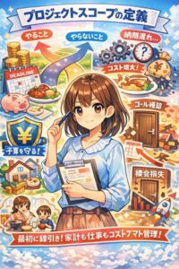 代替テキスト（alt） 主婦が家計管理になぞらえて、プロジェクトスコープの定義（やること／やらないこと、予算、納期、コスト増大、機会損失）を理解するアニメ風イラスト