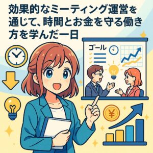 ノートPCを抱えたワーママ風の女性キャラクターが、会議中のグラフやチェックリスト、時計や円マークのアイコンに囲まれている、効果的なミーティング進行とタイムマネジメントをテーマにした生成AIアニメ風イラスト
